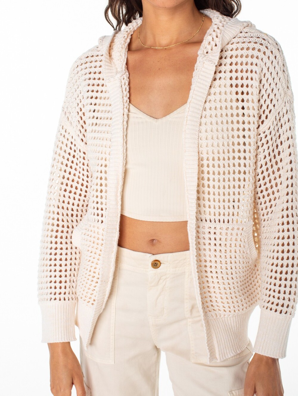 NEW Roxy XL Cream Open Knit Hooded Crochet Cardigan Thea Sweater